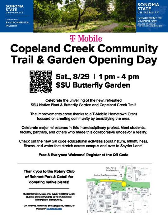Flyer describing opening day of the Copeland Creek trail and garden on August 29 from 1pm-4pm.