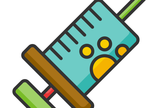 cartoon syringe containing colorful liquid with air bubbles