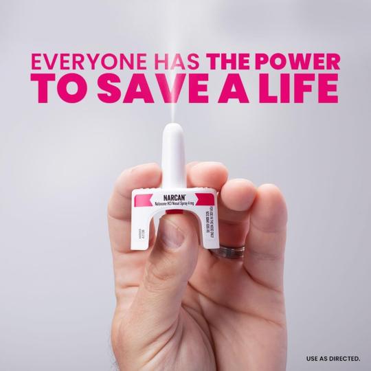 Picture of hand holding Narcan Spray with the caption "Everyone has the power to save a life"