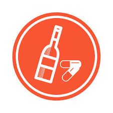 Red circle graphic of alcohol bottle